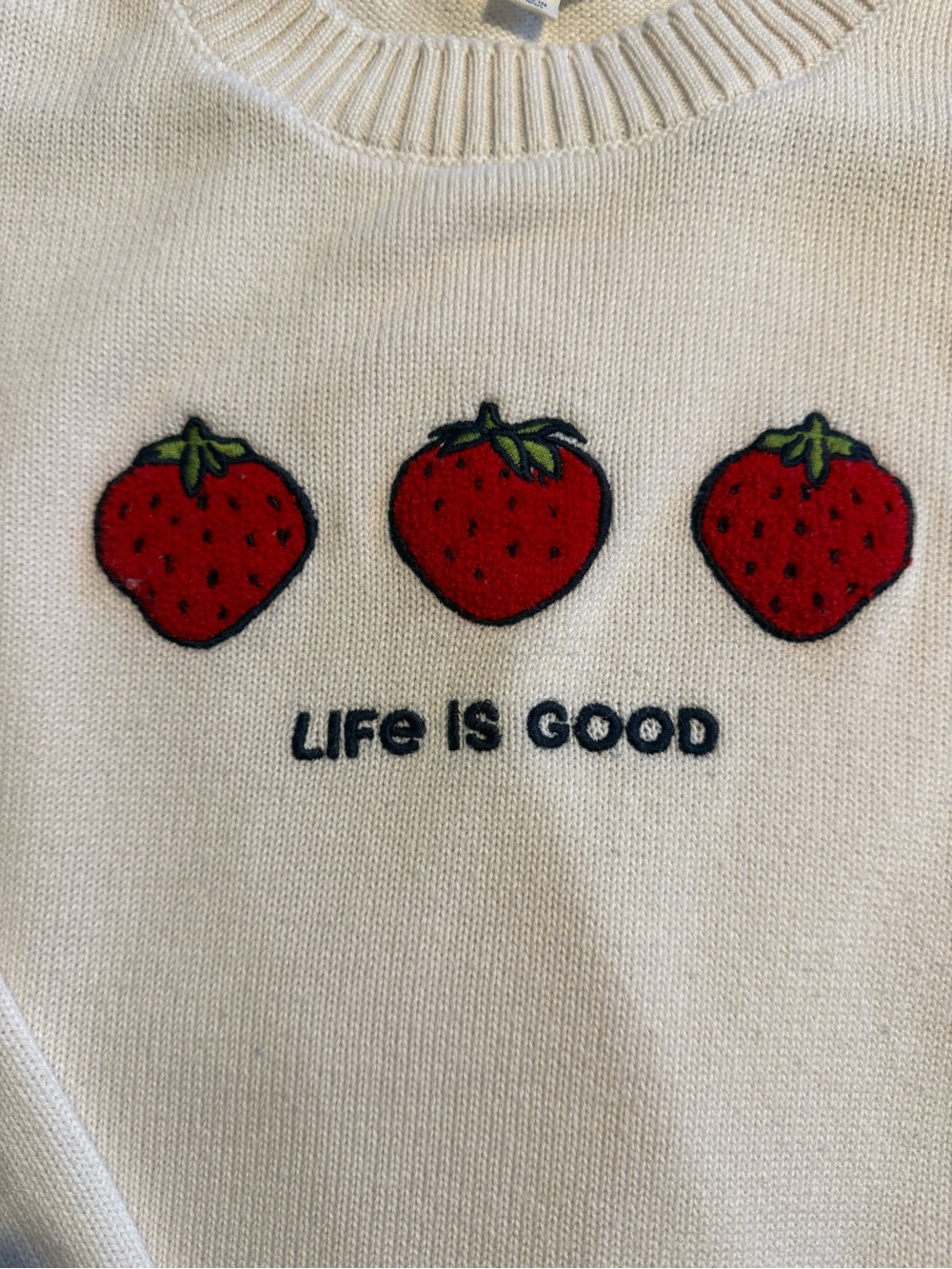 Life Is Good Cream Knit Crewneck with Logo Neck Tape